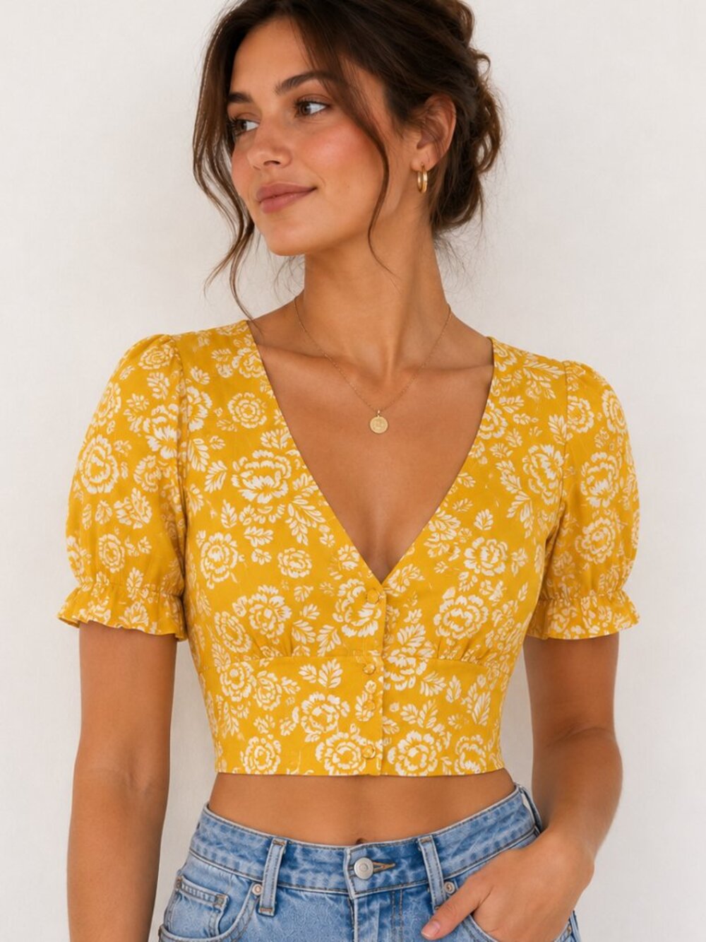 Yellow Floral Cottagecore Crop Top Puff Sleeve Blouse Size Small
